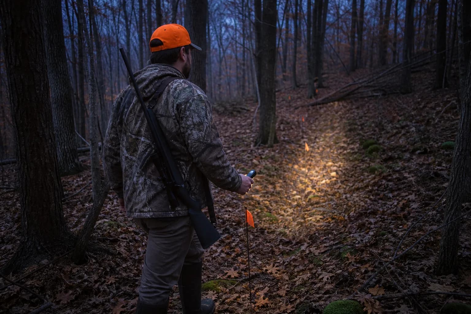Hunter using a flashlight while a rifle remains secured on a sling during tracking