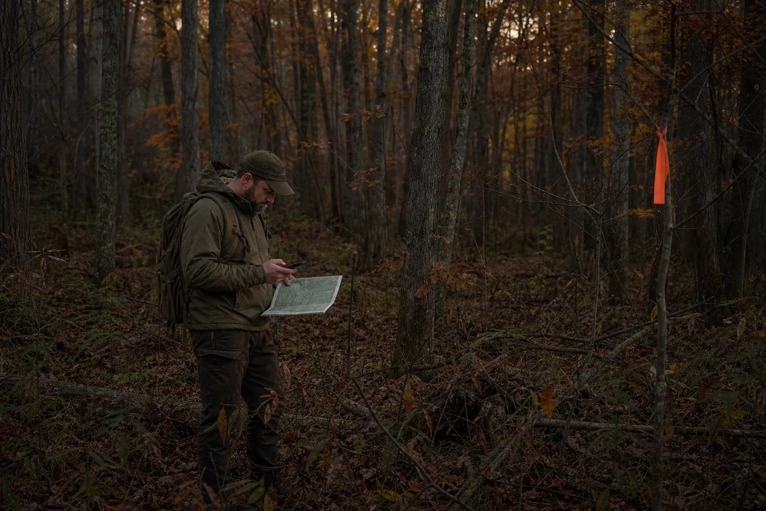 Hunter checking a map and GPS beside a marked recovery route in autumn woods