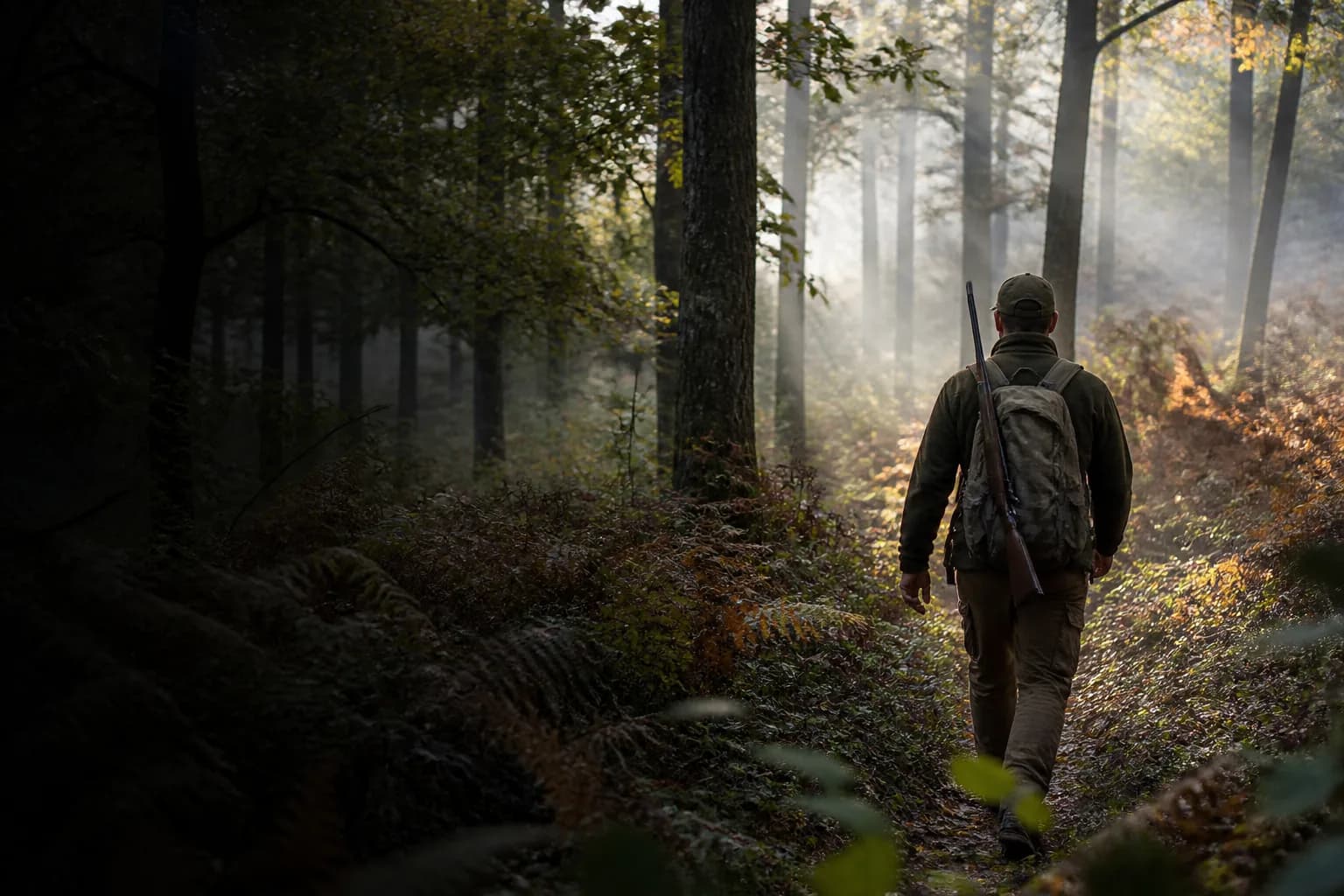 Hunter tracking through an autumn hardwood forest at dawn