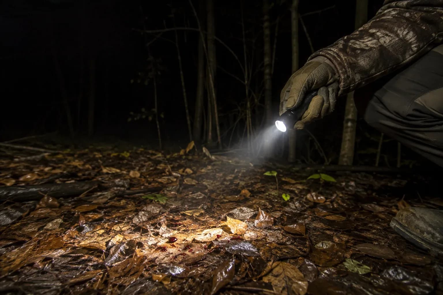 Hunter using a neutral-white flashlight to inspect a deer blood trail on wet autumn leaves at night