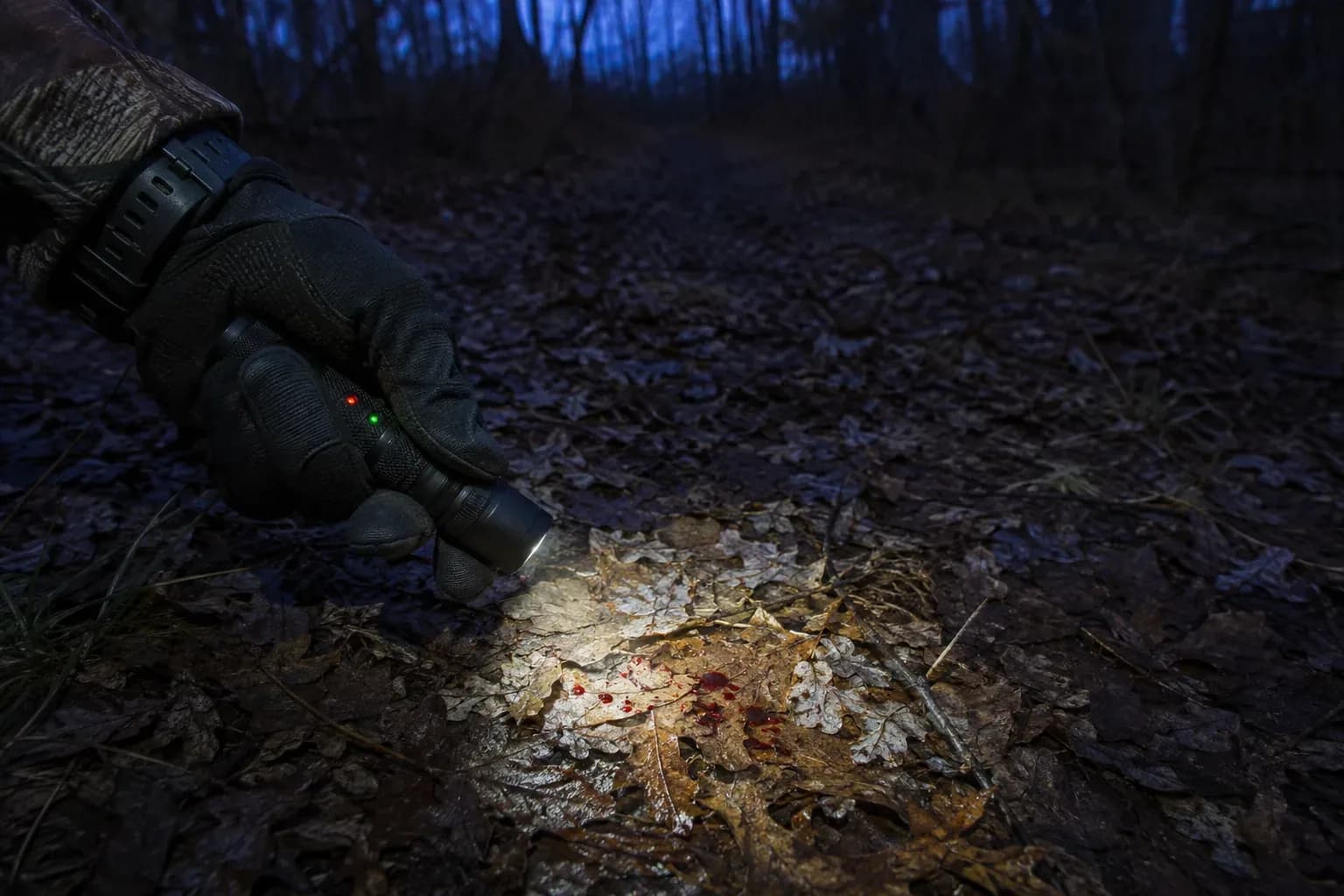 Gloved hunter comparing flashlight modes over a sparse deer blood trail on damp oak leaves